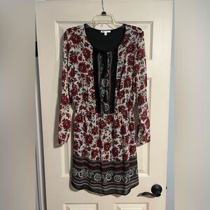 DR2 floral boho dress red roses black lace tunic mini dresss lined Daniel Rainn